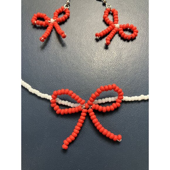 Dainty Beaded Red and White Bow Necklace and Dangle Earring Set - Picture 3 of 6